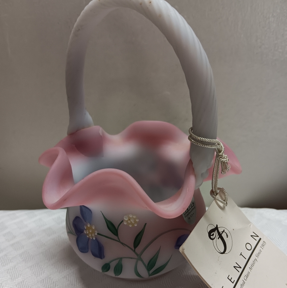 Fenton Pink and White Basket with Floral Accents.  Limited Edition.